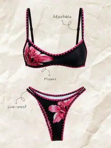 Elavelle Women's Print High Cut Bikini With Adjustable Spaghetti Straps In Multicolor Fabric Holiday Summer