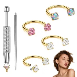 Horseshoe Nose Rings Studs ,Steel Nose Ring Pink Cubic Zirconia Nose Piercing,Internally Threaded Nose Rings For Women,Pink and Silver Zirconia with Free Ball Holder & Guiding Needle