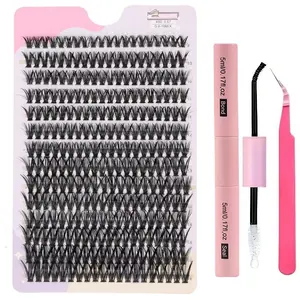 280 pcs 40D 9-16mm Mix D curly hair cluster eyelash personal eye black extended cluster eyelash set soft natural false eyelashes personal DIY cluster eyelash set with false eyelashes, double head glue and tweezers Eyelash Extensions Cosmetic