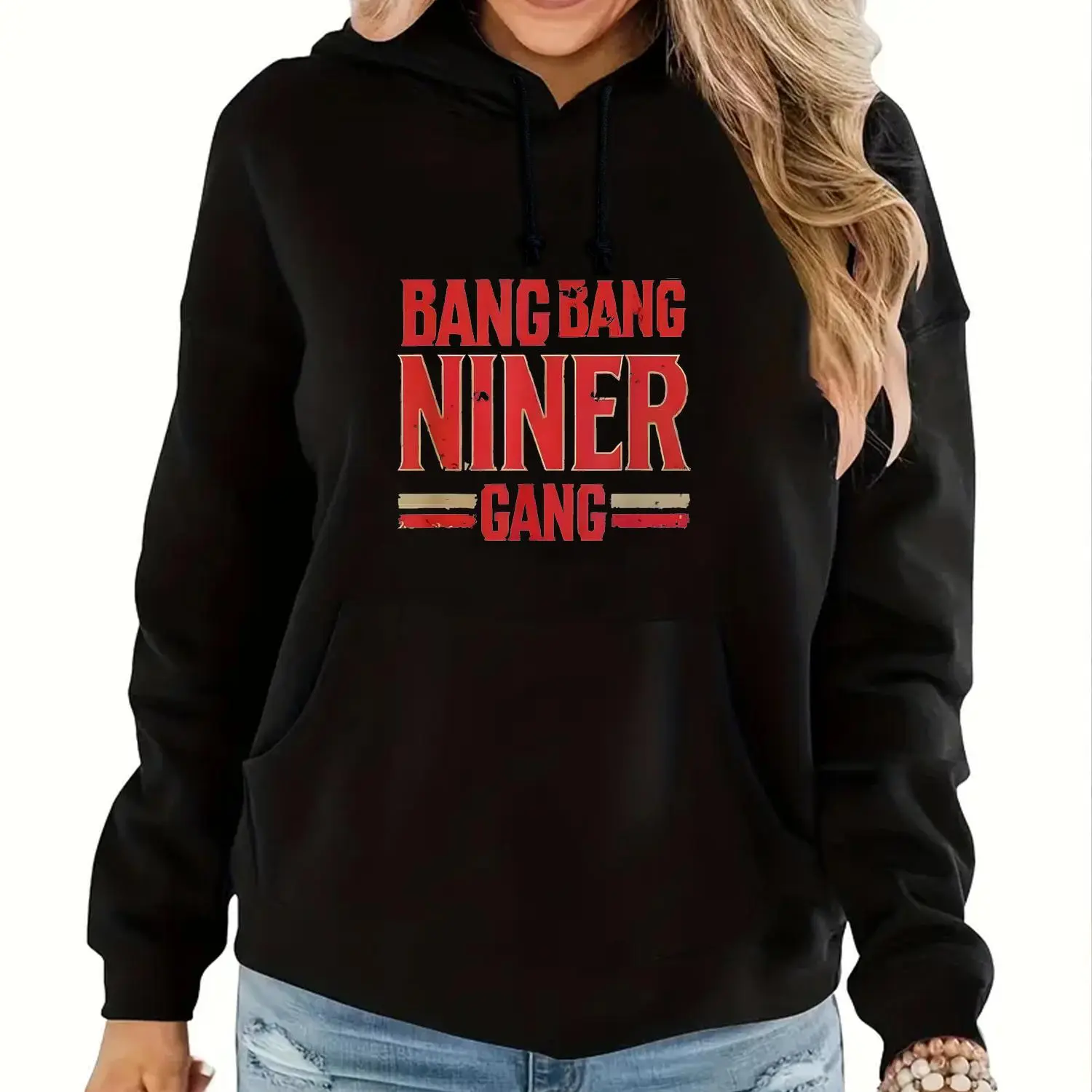 Women's Gang Niner Football Trend Thick Hoodie Sweatshirt - Everyday Essential Fitted Style for Pairing with Jeans, Joggers