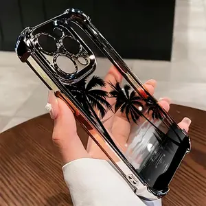 Coconut Palm Tree Pattern Four Corner Anti-Fall Phone Case Transparent Electroplated Protective Cover for IPhone 16 Pro Max 15 Plus 14 13 12 11 E