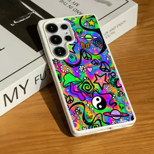 Psychedelic Swirl Galaxy Flower Alien Peace Sign Phone Case for SAMSUNG S22/S23/24/25/ULTRA/PLUS  Matte Magnetic Phone Case Stable magnetic adsorption Lightweight feel Acrylic Fingerprint Wireless Cellphone