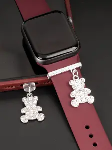 Two-Piece Silver Color Bear Pendant Set for Apple Watch, Smart Watch Accessories, Shiny Strap Type-C Dust Plug Decoration, Unisex Sport Style (strap Not Included)