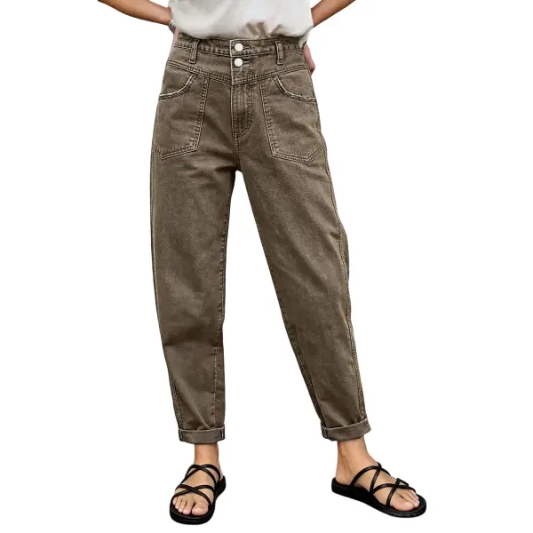 Flamingals Patch Pocket Yoke Front Roll Hem Dual Button High Rise Crop Tapered Pants Womenswear Stretchy 24.6" Inseam