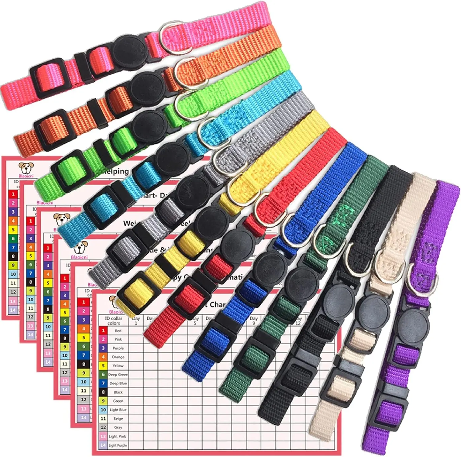 12pcs Colorfast Soft Nylon Safety Whelping Collars with Safety Buckle - Non-Customized, Reusable, Great Material, 7.0-10.2in (S), Washable, Machine Washable, Record Keeping Charts, Pet Collars & Harnesses Accessory for Newborn Small Puppies Identification