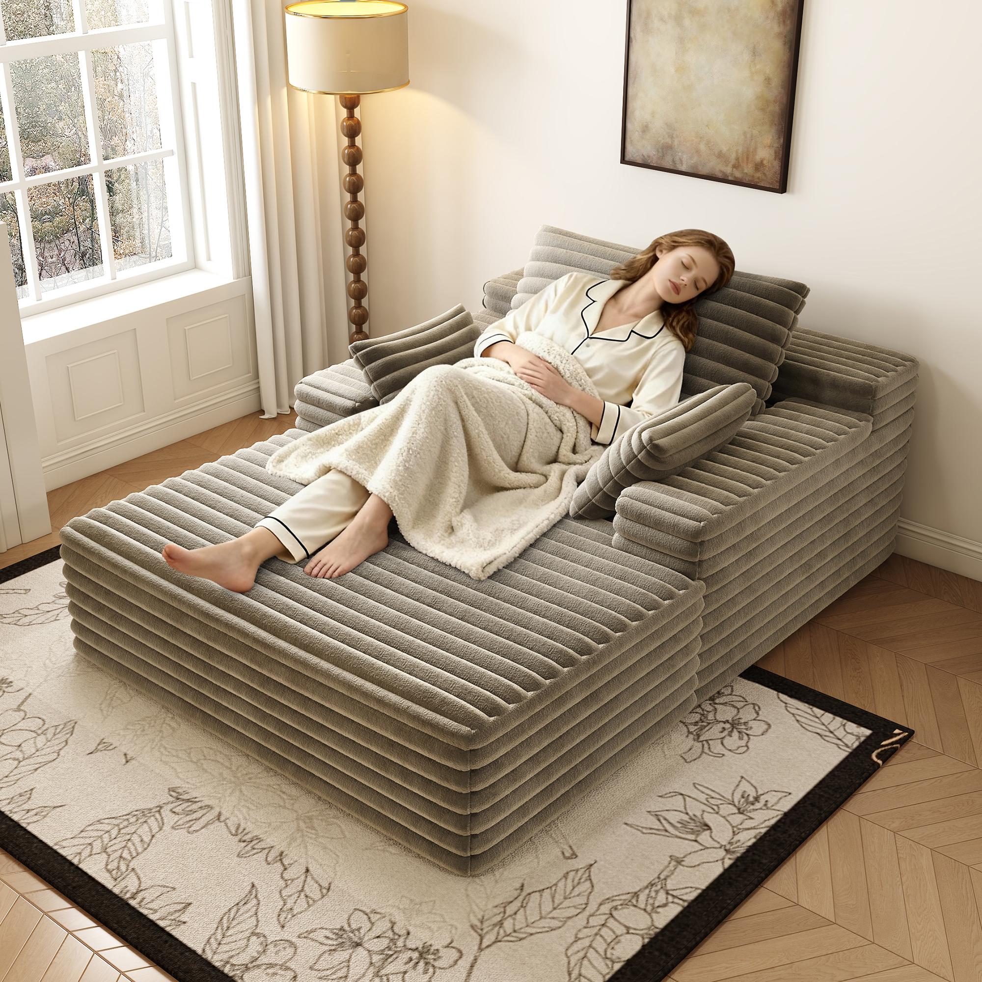 Chaise Lounge Indoor, Oversized Chaise Lounge Chair with 3 Throw Pillows and Armrests, Corduroy Upholstered Plush Sofa Bed Lazy Chair Bed Sleeper Chair for Living Room Apartment ,Lazy Couch Bean Sofa for Adult