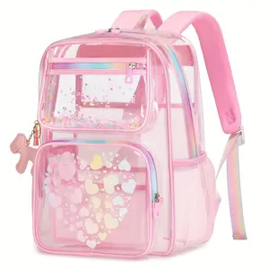 Girly Trendy Item, Transparent High Quality Backpack for Girls, Durable PVC Transparent Backpack, Stadium Activity, Zipper Closure, Heart-shaped Print Transparent School Bag, Best Back-to-school Gift