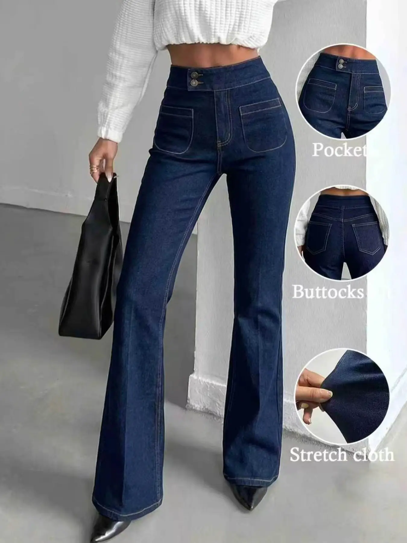 Wkwb Women's High-Waisted Micro Flare Denim Jeans Pants, Elegant, Chic, Deep Blue Washed Stretch Fabric, Dual Button Front Pockets, Slim Fit, All Sizes