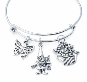 Garden Gnome Charm Bracelet | Butterfly, Gnome & Watering Can Silver Bangle Gift