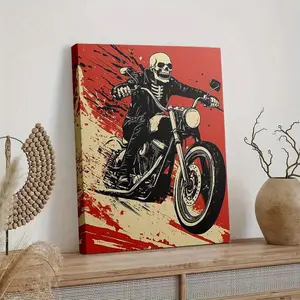 1pc  Canvas Art Print - "Rider of the Apocalypse: Skeleton Biker" -  Vintage Biker Design with Skull Helmet & Motorcycle, Black & White, Wall Art Decor for Home or Office, Biker Decor