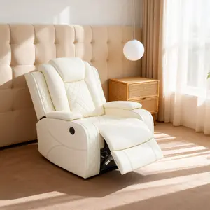 Creamy Quilted Electric Recliner - Plush White Leather, Smooth Recline Mechanism, Summervibes Aesthetic for Sunlit Living Room (Indoor Living Room Furniture)