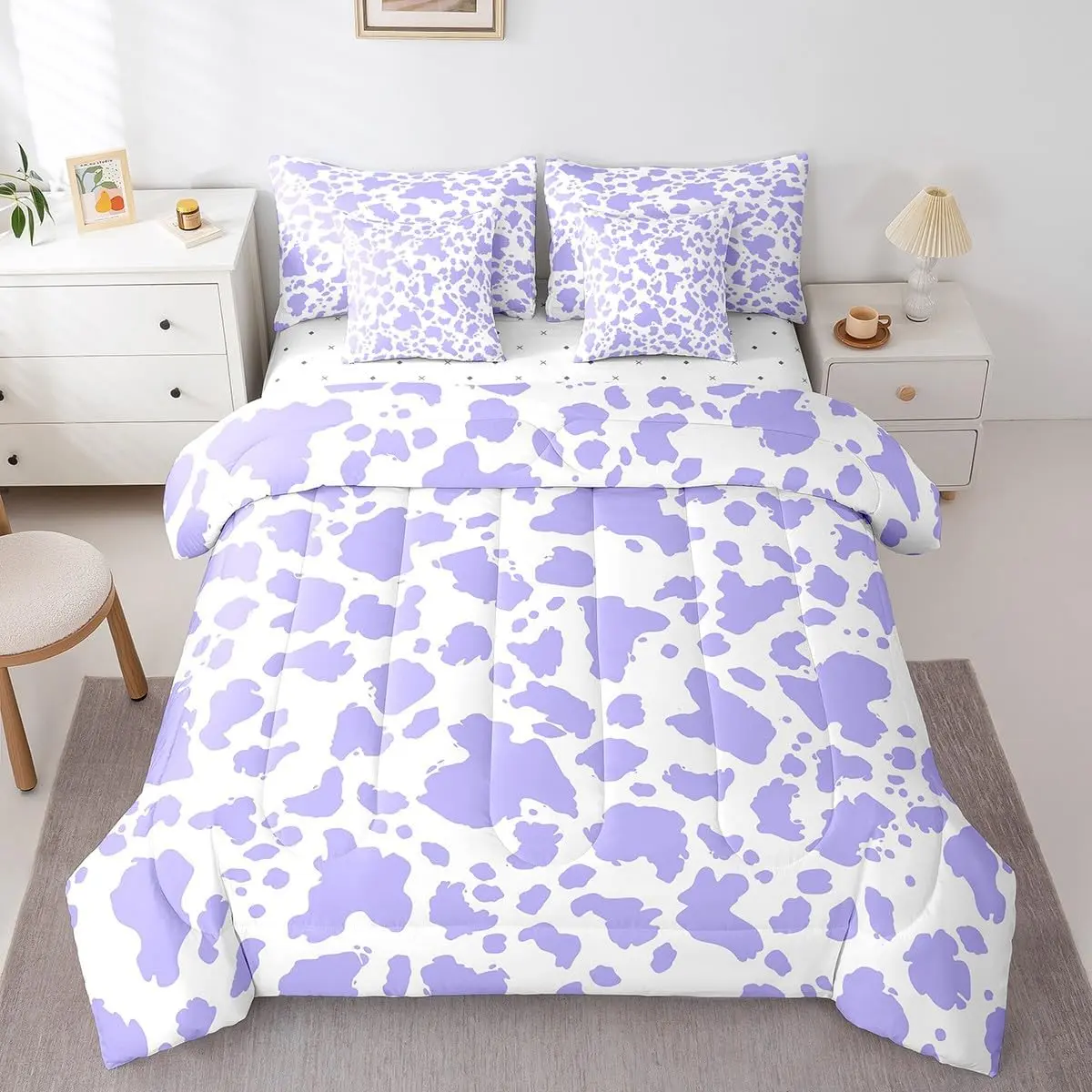 Cow Print Comforter Set with Sheets Purple White 7 Pieces Bedding Set Cartoon Milk Cow Bed in a Bag Breathable Animal Bed Set Farmhouse
