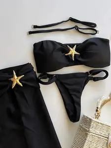 Women's Solid Color Sexy Bikini Set, Detachable Straps, Side Adjustable Pants, Five-Point Star, Bandeau Bikini Top, Three-Piece Swimsuit