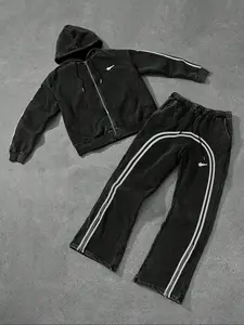 Unisex Retro Vintage Street Style Two-Piece Set, Hooded Zipper Sweatshirt, Striped Casual Sport Pants, Fashion Youth Streetwear, Tracksuit Sets