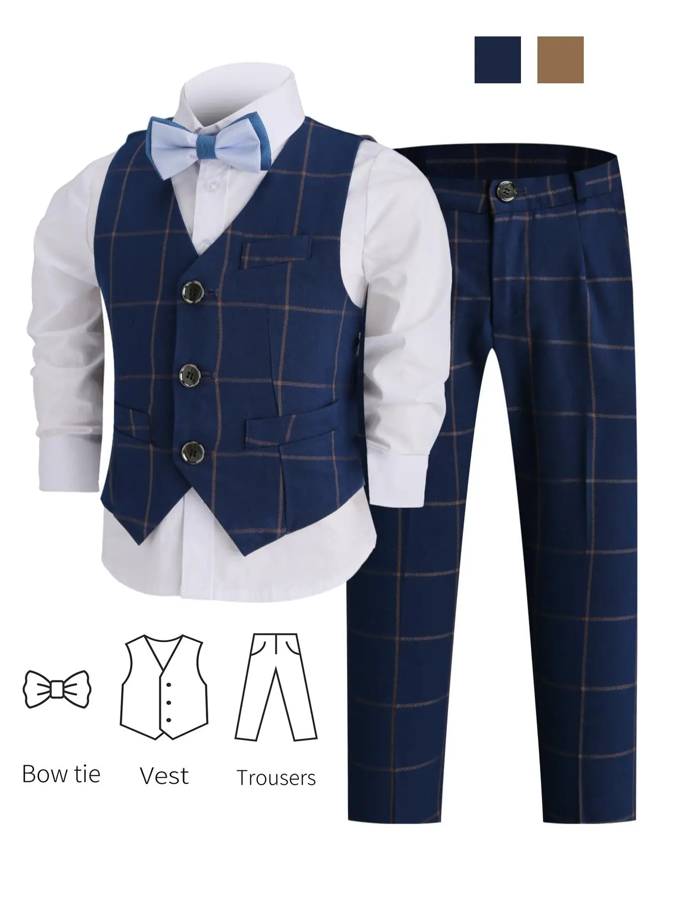 Three-piece Set Boy's Plaid Print Vest Blazer & Pants & Tie without Shirt, Casual Button Front Sleeveless Top & Trousers & Bow Tie Set for Party, Kids