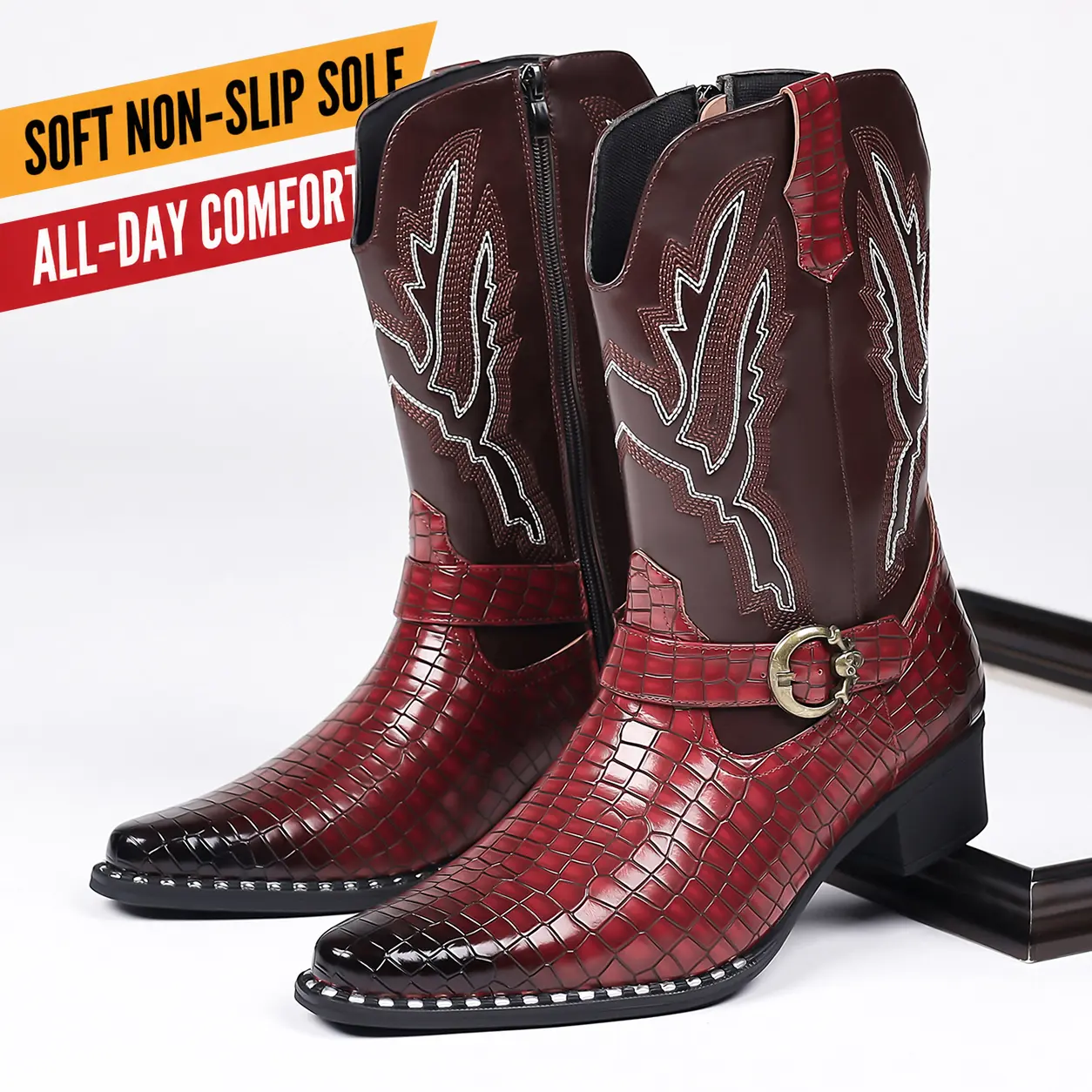 Men's Western Cowboy Boots Square Toe Microfiber Leather Crocodile Embossed Mid-Calf Side Zip Boots | New Arrival for Fall & Winter / holiday casual comfortable mid-calf boot