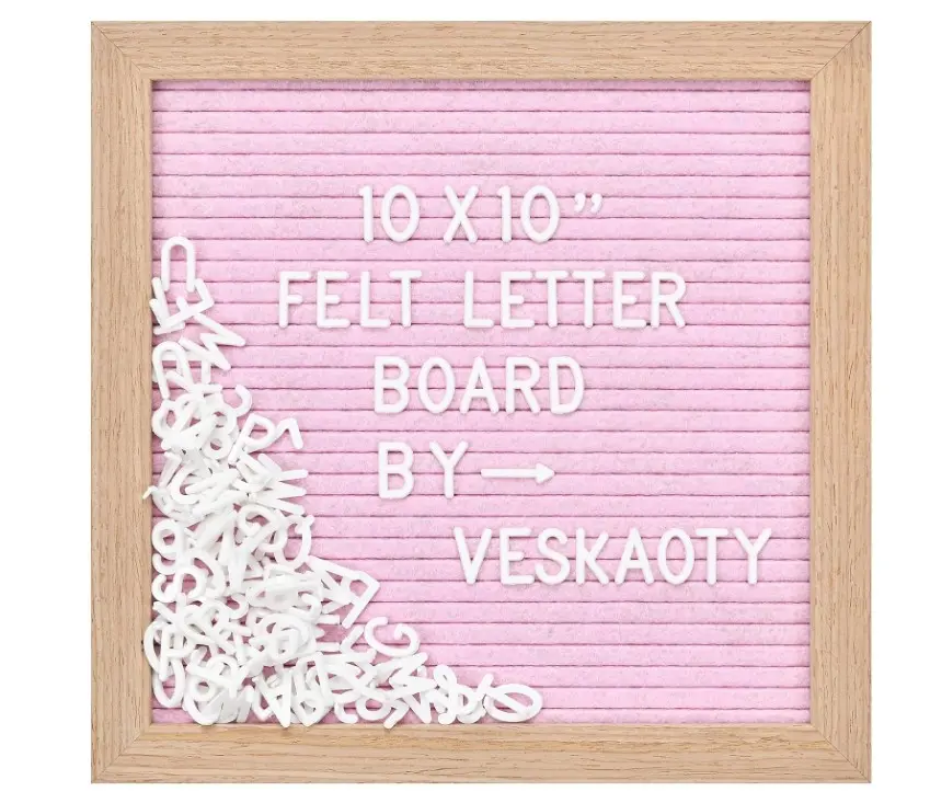 Felt Letter Board with 294 Letters, Numbers & Symbols - 10 x 10 inch Changeable Message Board with Wooden Frame Wall Mount Hook, Pink & Wood