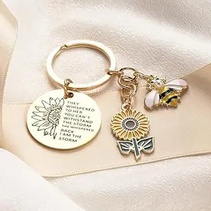 Sunflower Keychain Inspirational Key Ring Key Chain Sunflower Bee Keychain