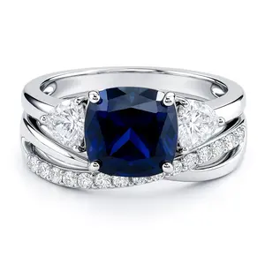 BERRICLE Sterling Silver 3-Stone Infinity Criss Cross Engagement Rings Statement Stackable Band for Women, 3 Carat Sapphire-Blue Cushion Cut Cubic Zirconia CZ Ring Set