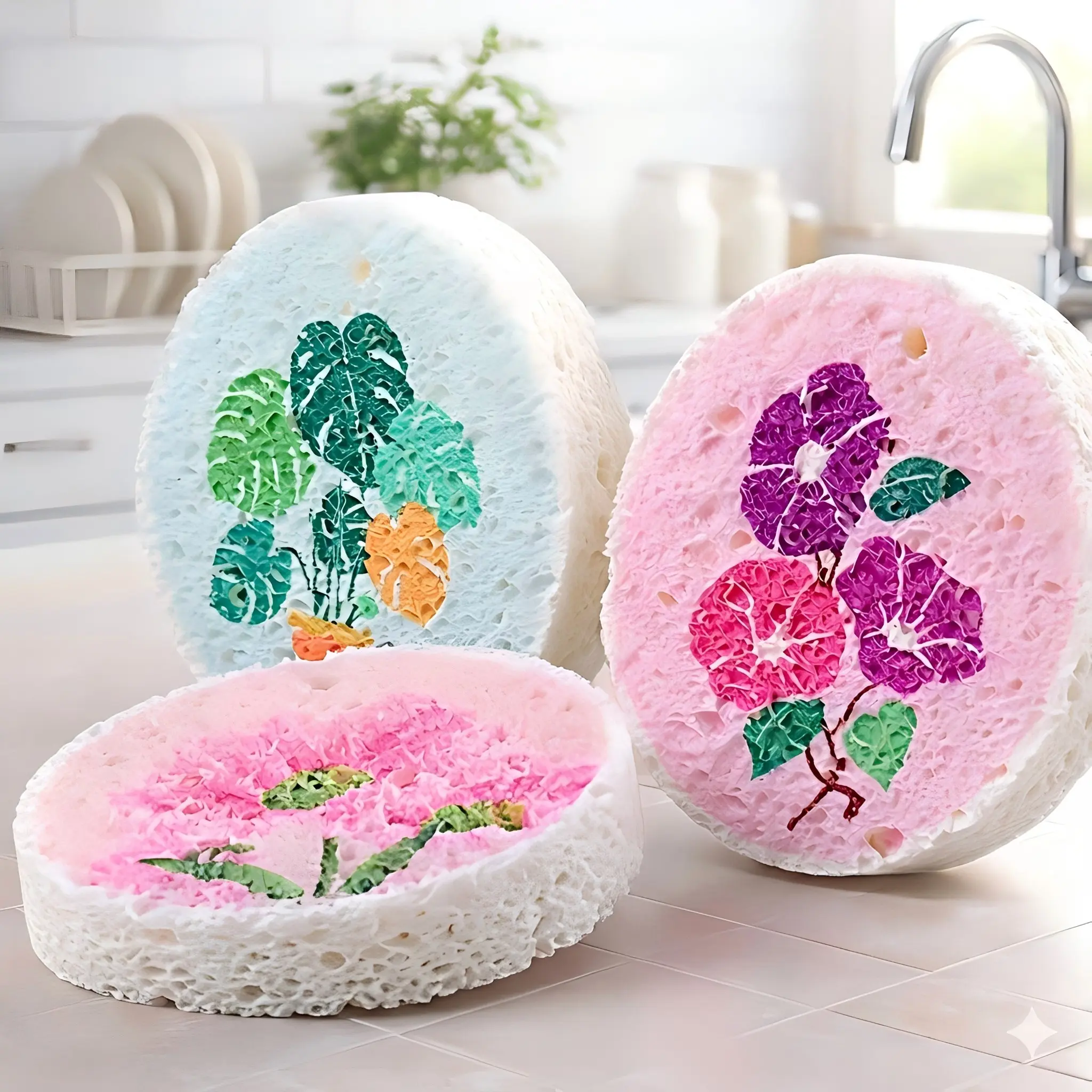 Floral Flower Scrubber Pad, Eco-Friendly Cellulose Scratch-Free Sponges Scrubbers, High Absorbency Expandable Foam Cleaning Tool, 2026 Cute Home Care Supplies for Kitchen & Bathroom