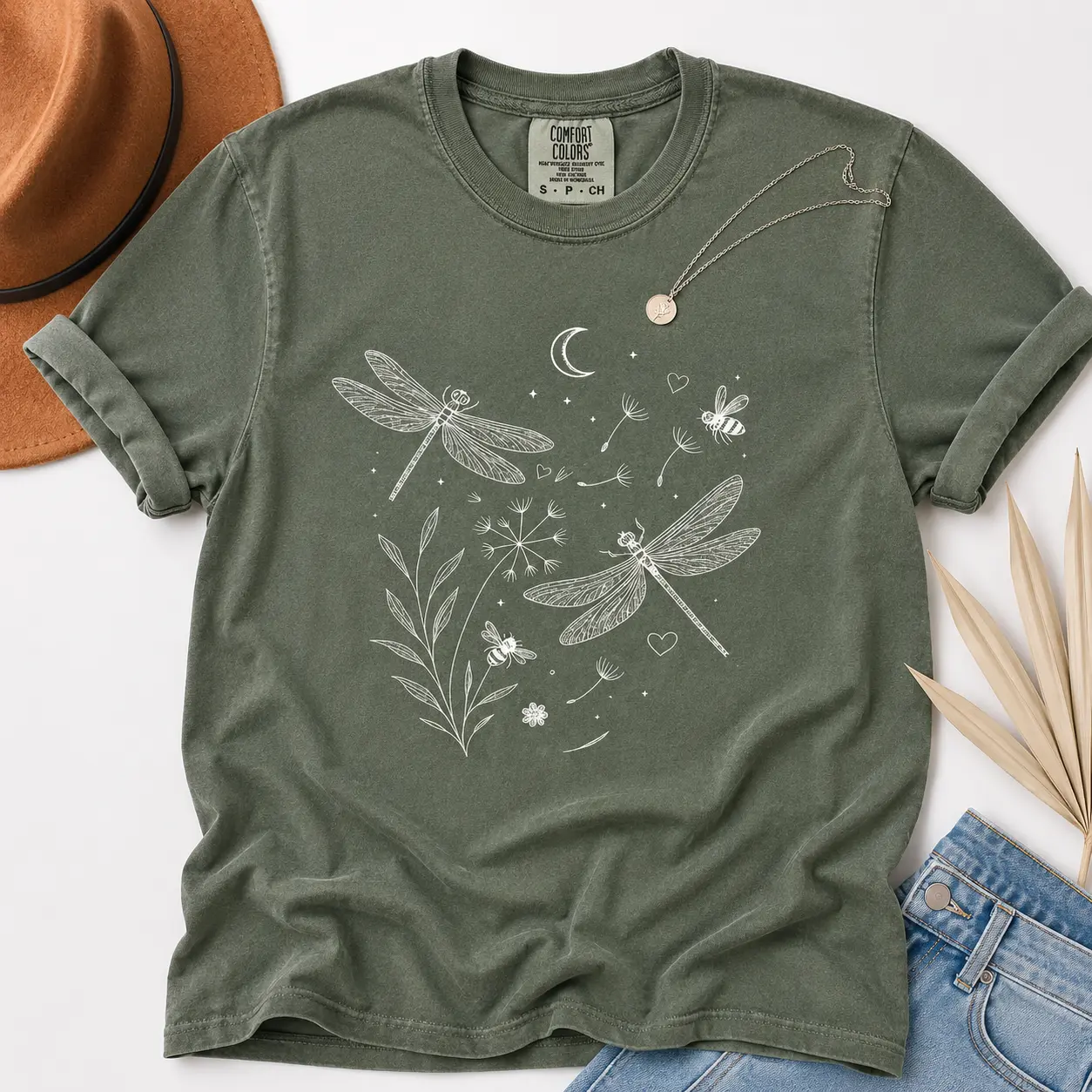 Women's Vintage Dragonfly Print Tee, Casual Floral Graphic Cotton T-Shirt for Everyday Streetwear, Flower Lover Gift