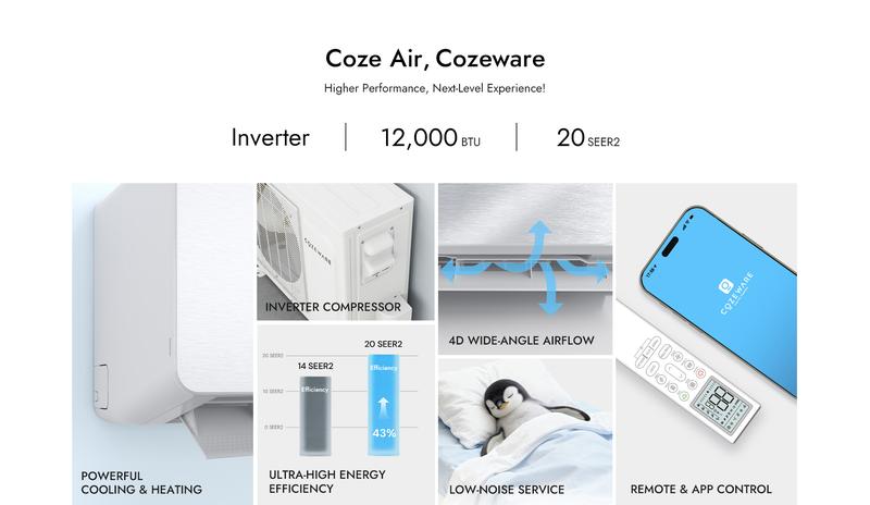 [12000 BTU] Cozeware 115V/230V Mini Split Air Conditioner Heat Pump, 20 SEER2 Inverter Mini Split, Compatible with Wifi and Alexa, Cools Up to 750 Sq.Ft for Living Room, Bedroom, Study, Loft, Garage