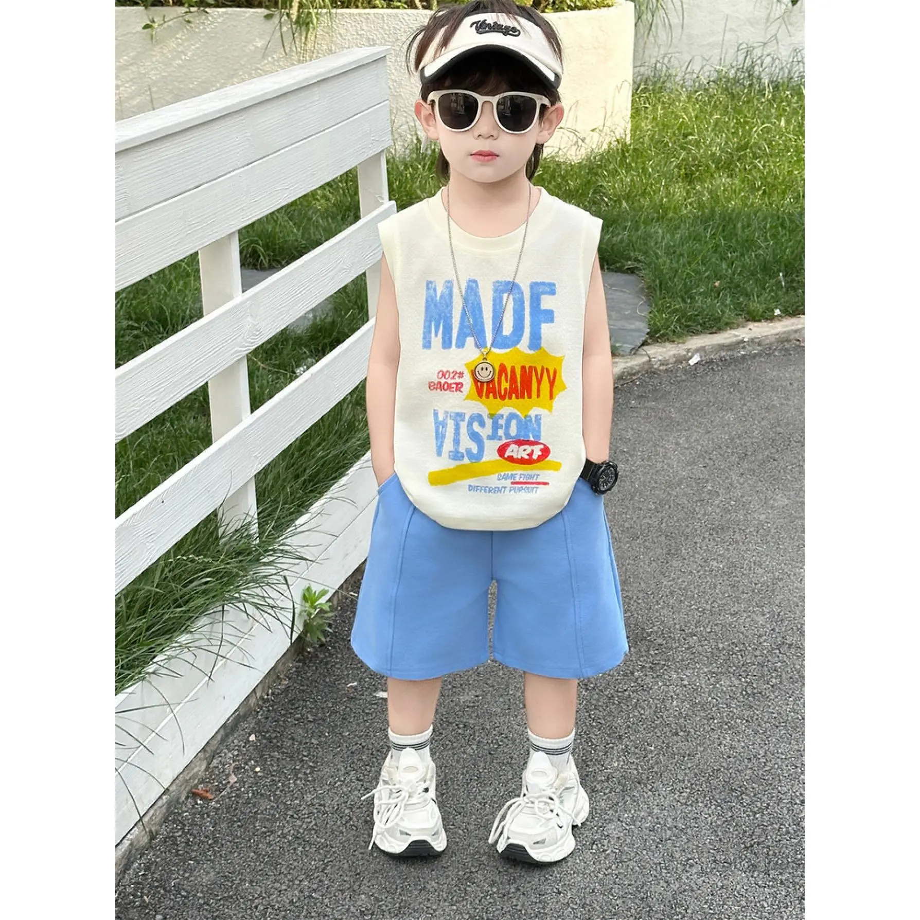Children's Summer Vest Two-Piece Set, New Casual Sports Outfit for Boys, Elastic Waist, Color-Contrast Suit, Choose Size According to Height