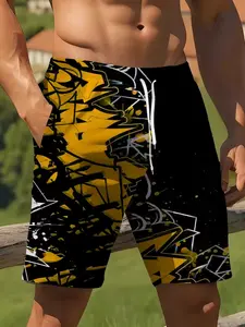 Men's Printed Geometric Pattern Summer Vacation Beach Pants, Adjustable Drawstring Waist, Suitable for Beach & Summer Outings