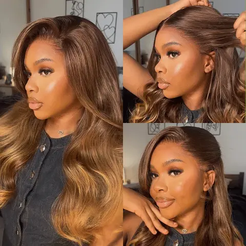 Megalook 24in Vintage Ombre Brown #N53 100% Human Hair Free Lace Front Wig for Black Females, 13x6 3-Go Glueless, Pre-Styled Parting, Breathable Dome Cap, 320℉ Heat Resistant Body Waves