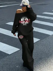Oversized Off Shoulder 'New York' Graphic Sweatpants Set, Y2K Streetwear Two Piece Outfit, Cozy Fleece Loungewear for Women, Womenswear, Trendy Baggy Matching Set Perfect for Casual Daily Wear, Street Style Looks, Viral Comfy Outfit
