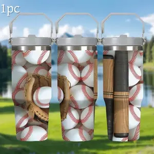 1pc Baseball Theme Stainless Steel Insulated Water Bottle - 30oz with Handle - Vacuum Insulation, Leak-proof Cap, Suitable for Cold and Hot Drinks, Car Water Bottle, Reusable, Outdoor Camping Coffee Cup, Stainless Steel Thermal, Stainless Steel Tumbler