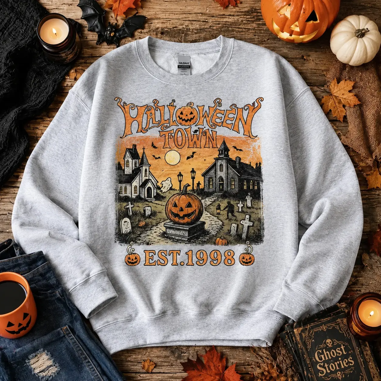 Halloween Town EST.1998 Sweatshirt, Vintage Halloween Crewneck, Spooky Pumpkin Graphic Pullover, Retro Fall Sweatshirt, Halloween Gift, For Men And Women