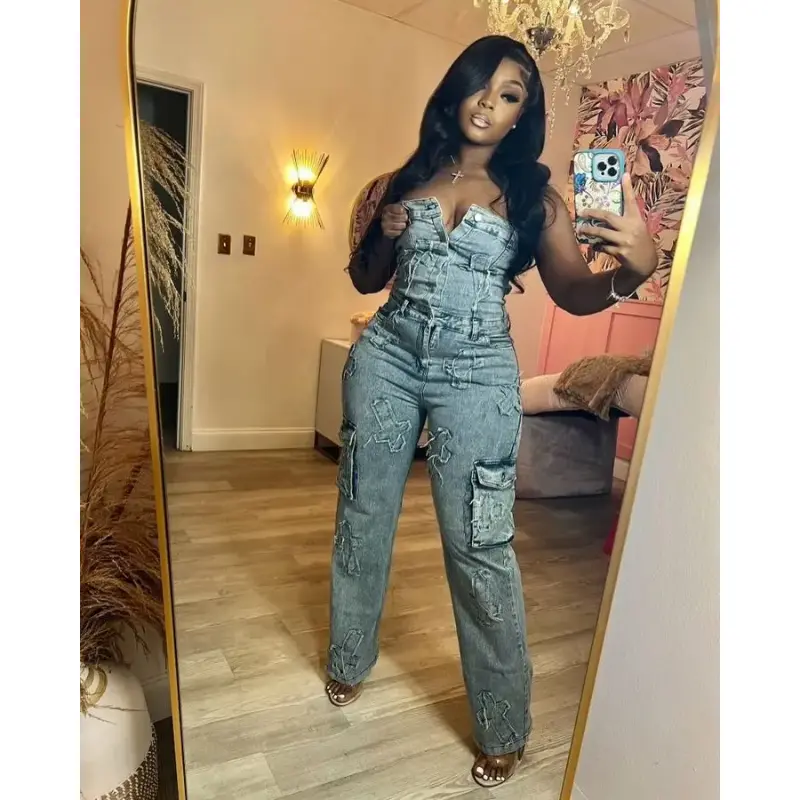 Women's 2-Piece Sleeveless Cargo Jumpsuit - Denim Jeans Overalls with Multi-Pockets, Sexy Strapless Design for Sports & Outdoor Activities