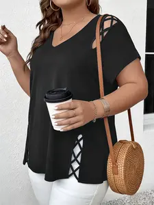 Women's Top T-Shirt  Elegant Plus Size Chic Short Sleeves, Cross Detailing, V-neck, Medium Stretch Fabric, Suitable for All Seasons, Casual Wear, Daily Attendance Outfit