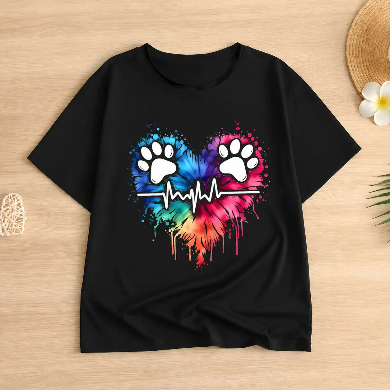 Women’s short-sleeve casual top featuring a paw and heart graphic design, soft print tee