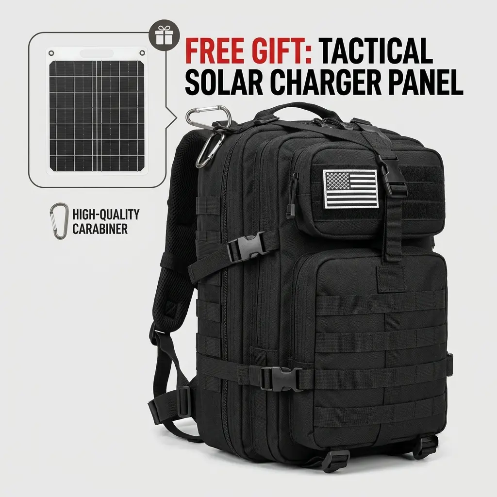 11.89 Gal/45L Multi functional Large Capacity Tactical Storage Waterproof Backpack+Solar Charging Panel (USB+Type-C), Suitable for Outdoor Camping and Hiking with US Flag Patch Organiser