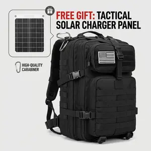 11.89 Gal/45L Multi functional Large Capacity Tactical Storage Waterproof Backpack+Solar Charging Panel (USB+Type-C), Suitable for Outdoor Camping and Hiking with US Flag Patch Organiser