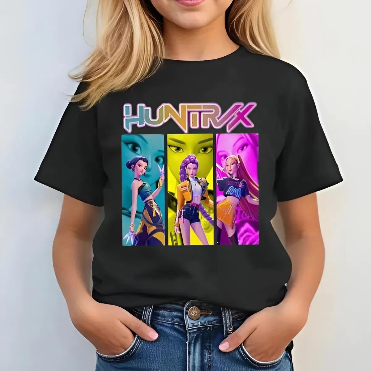 Huntrix Rumi Zoey Mira Youth T-Shirt – Halloween Kpop Demon Hunters Graphic Tee, Colorful Cartoon Summer Shirt, Fun Music Gift