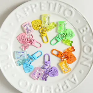 Transparent cute bear pendant candy heart-shaped keychain DIY accessory, suitable for decorating student backpacks and wallets