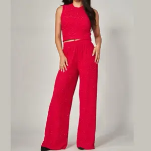 Amara Set Women's Yellow Ribbed Crop Top & High-Waisted Wide-Leg Pants Fashionable Two-Piece Outfit, Clothes, Chic