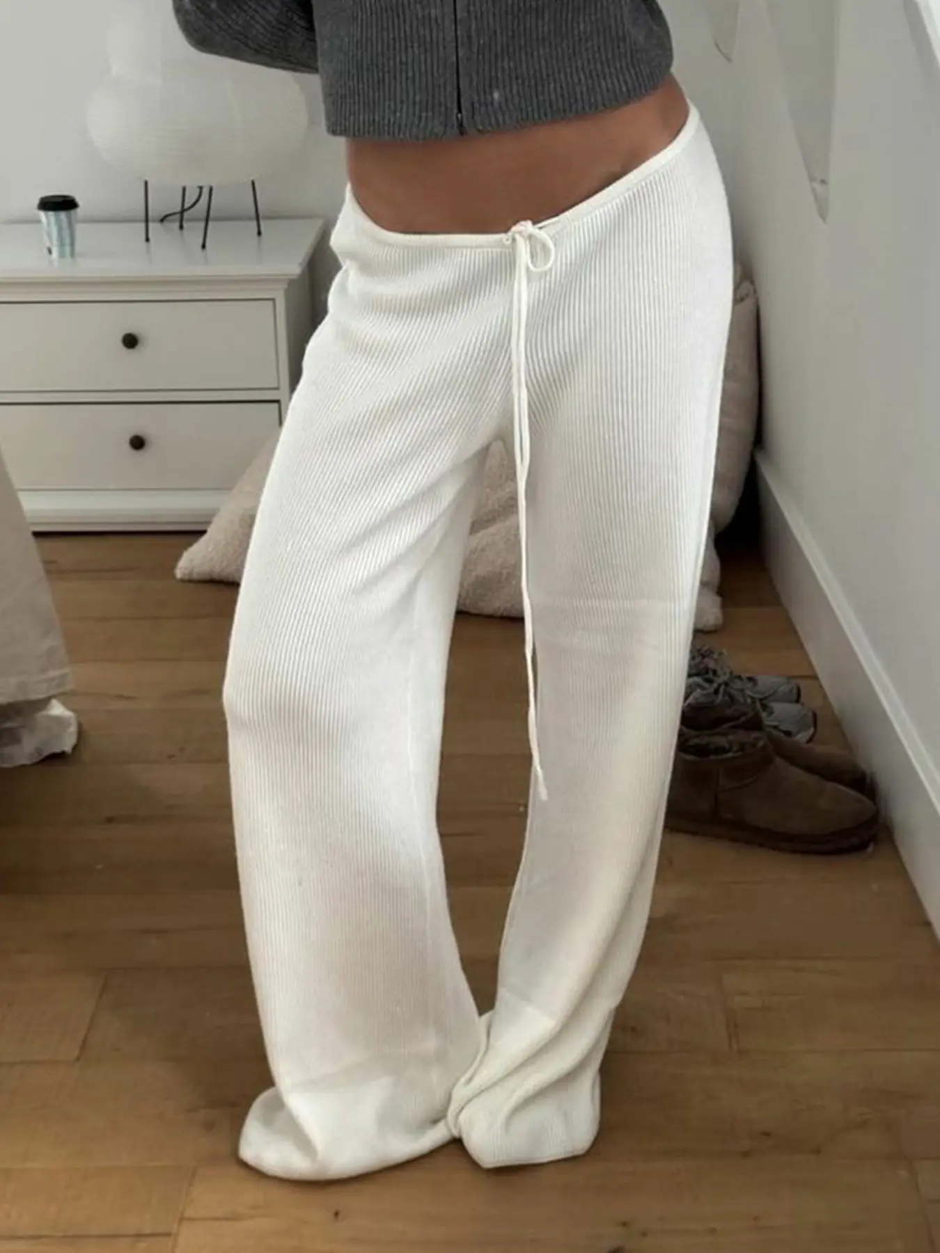 Women's Loose-Fit Adjustable Drawstring Waist Knitted Pants Bottoms, Casual Loose Fitted, Casual Fall & Winter Home Wear, Long Regular Fit, Moderate Fabric Thickness, Casual Comfy Pants, Womenswear
