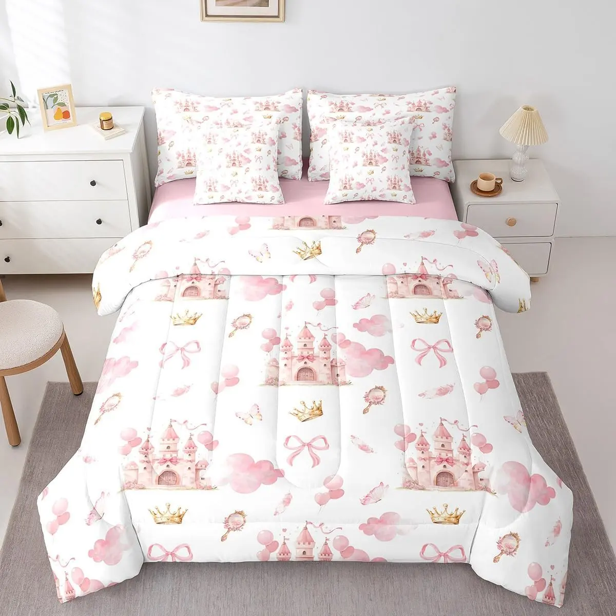 Feelyou 7-Piece Microfibre Bedding Set - Queen Size, Cute Bedding Sets, Pink Castle Motifs, Bowknot Design Blanket, Breathable Cover & Sheets, Machine Washable, Blanket for Daughters, Girls Multi-Size Option, Seven Pieces