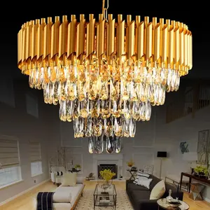 Modern Gold Crystal Chandelier, 5-Tier Raindrop Effect K9 Crystal Chandelier for Living Room/Dining Room/Bedroom