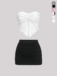 Two-Piece Set Women's Solid Color Twist Front Crop Tube Top & Skirt, Casual Fashion Cozy Two-piece Outfits for Daily Outdoor Wear, Ladies Clothes for Summer, Suits, Womenswear