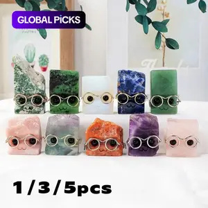 Random Color Natural Crystal Gemstone Pet Figurines with Glasses, 1/3/5 Counts DIY Handmade Crystal Carving Fengshui Sculptures, Pet Memorial Ornaments, Home Garden Decor Natural Crystal Set #GLOBAL PICKS