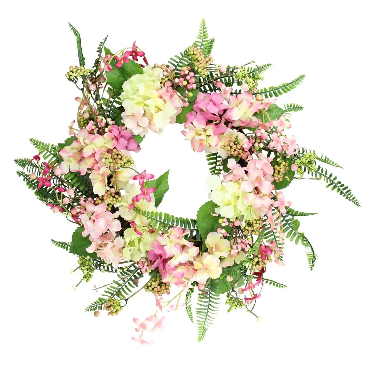 212 MAIN 20 in. Plastic Pink & Yellow Floral Hydrangea Artificial Flower Wreath - Green Foliage, Decorative Fake Flower Spring Home Decor Accessory for Door, Window