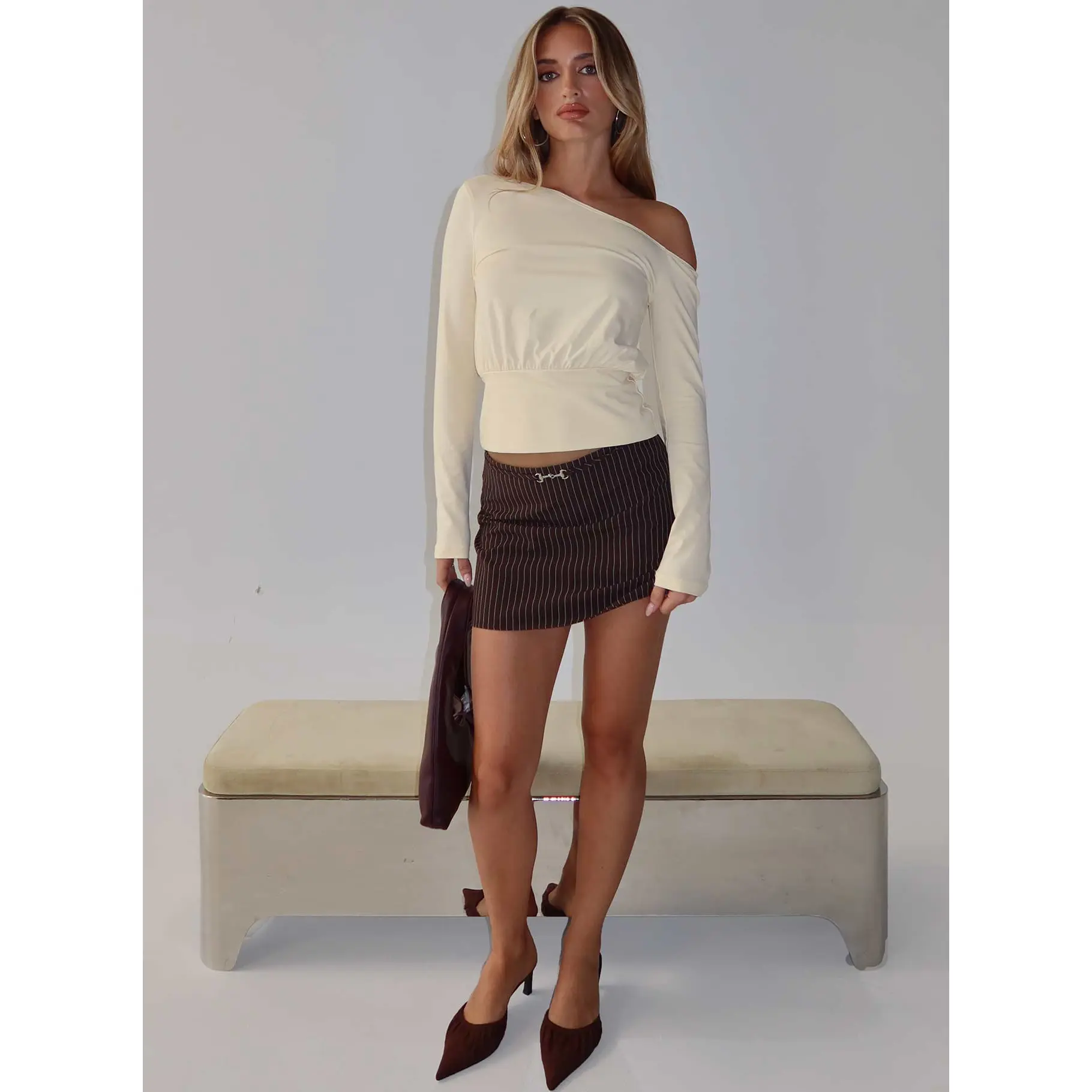 Yellena Buckle Mini Skirt Brown Pinstripe