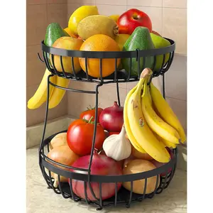 2-Tier Large Fruit Basket Suitable for Kitchen Counter, with 2 Banana Hooks, Metal Stackable Fruit Bowl Suitable for Kitchen Counter, Used for Placing Bread, Vegetables, and Fruits, Black