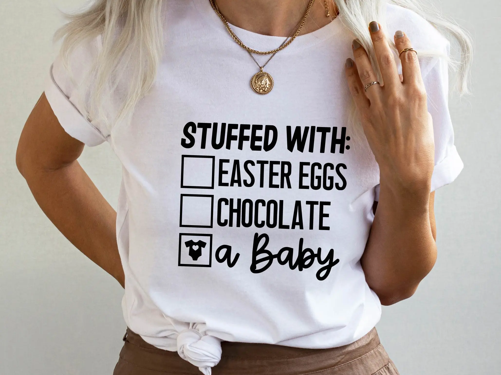Easter Pregnancy Reveal T-shirt, Stuffed With Easter Eggs Chocolate A Baby Shirt, Easter Maternity Tee, Funny Baby Announcement T-shirt, Eggspecting Shirt, Promoted To Mom Tee
