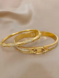 2pcs Set Gold Plated Bangle Bracelets, Sparkling Zircon Inlay, Durable Bamboo & Buckle Link Design, Elegant Hinged Cuff for Daily Wear, Party, Special Occasions, Thoughtful Gift